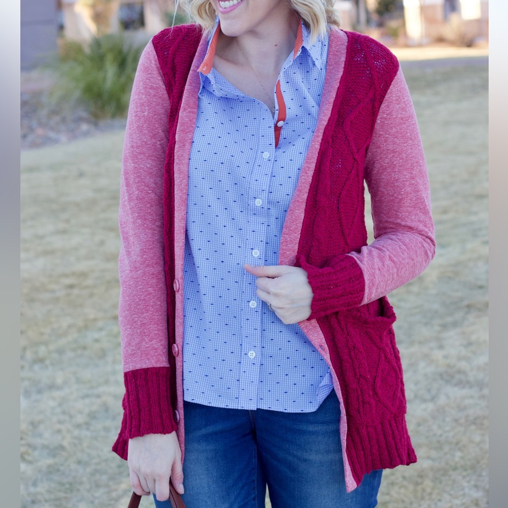 Evy’s Tree Long Sleeve Colorblock Button Up Cardigan Sweater